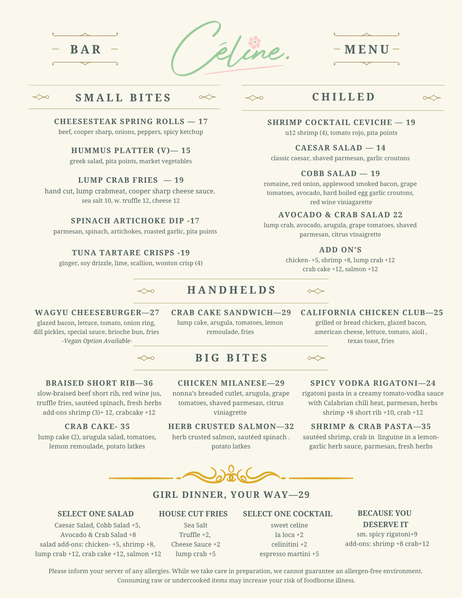 Elegant food menu at Céline Cocktail Bar featuring upscale small plates, late night bites, and refined lounge dining in Philadelphia